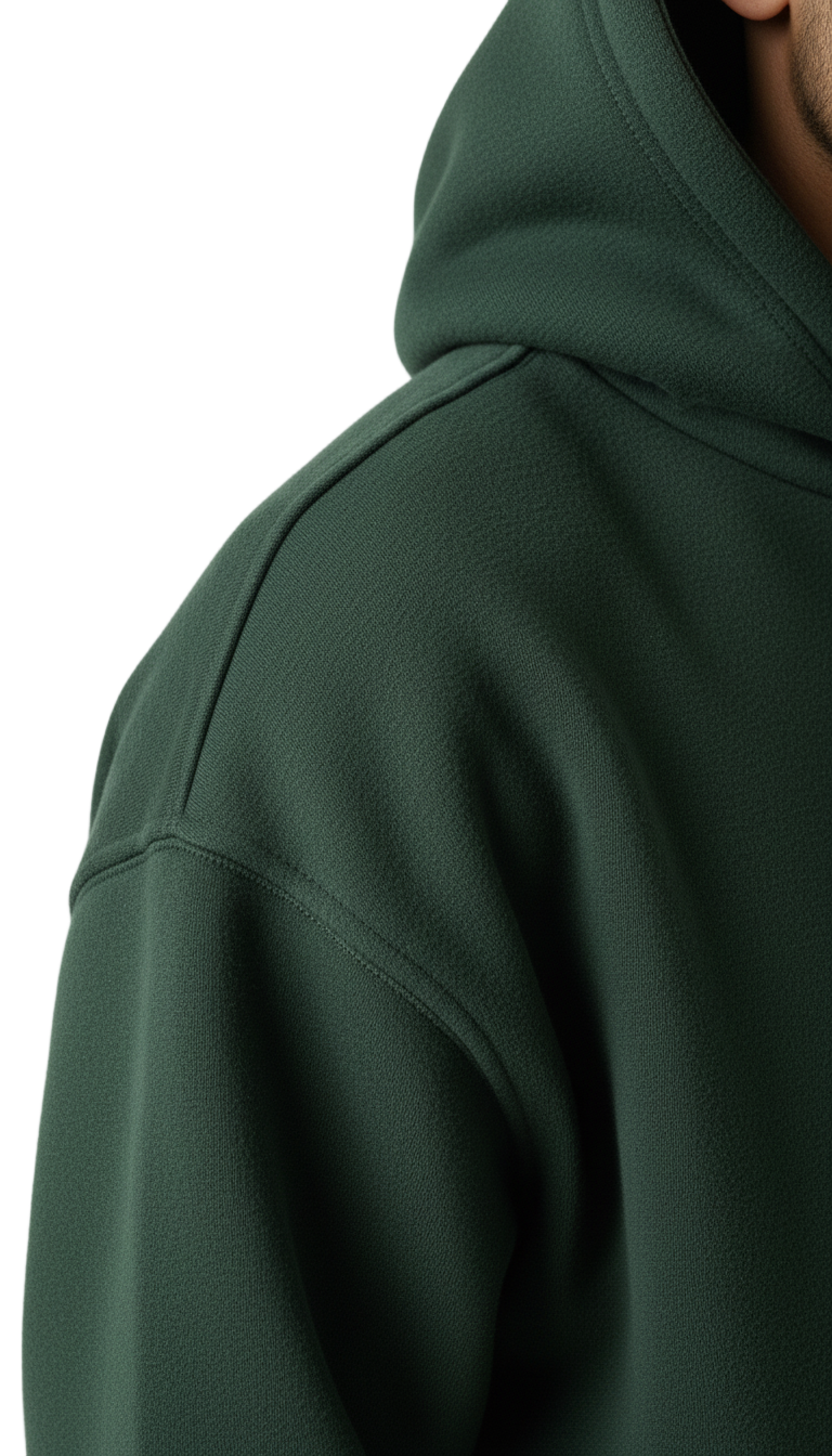 Close-up of a dark green hoodie on a white background