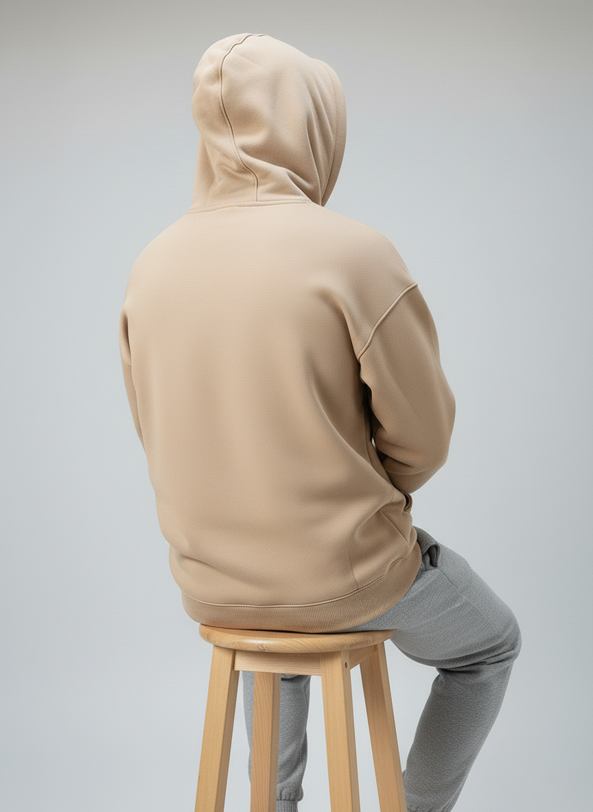 Person wearing a beige hoodie sitting on a wooden stool against a plain background