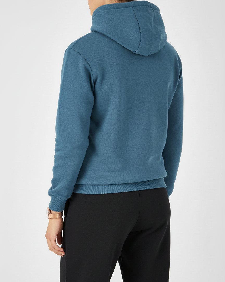 Person wearing a blue hoodie from behind on a white background