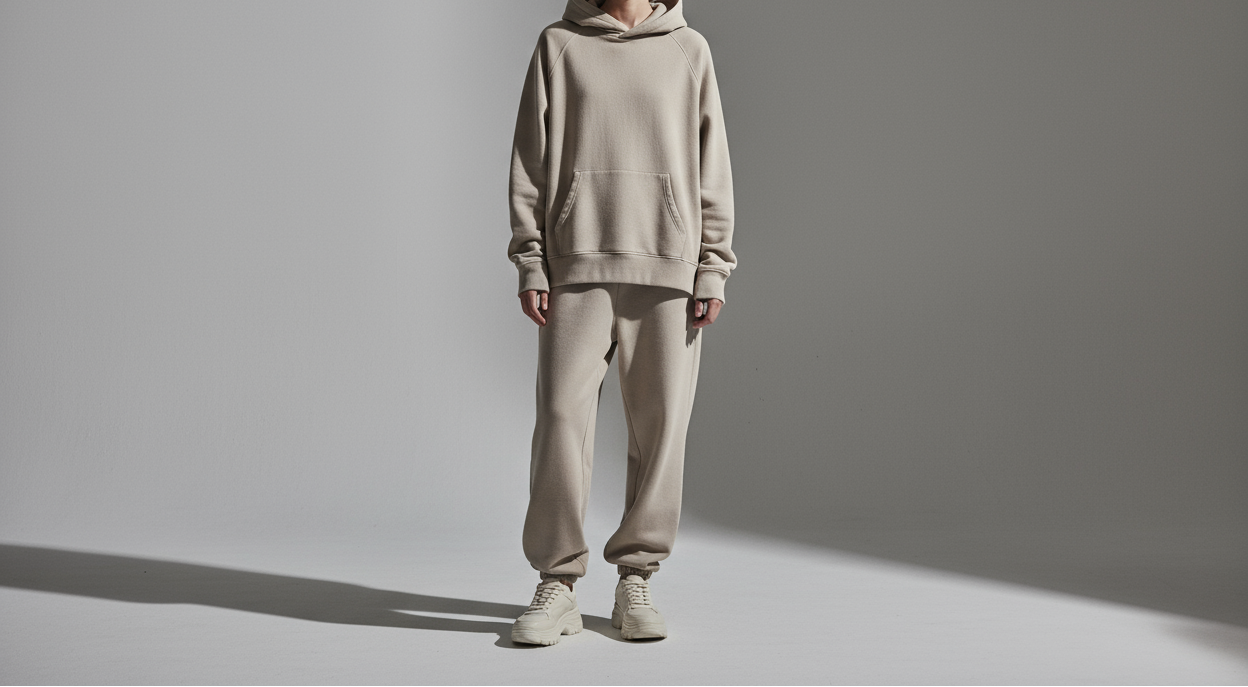 Modern banner for Everyd’s new collection drop — full-body model shot in oversized hoodie and sweatpants, centered composition, light gray backdrop,  High-end studio lighting, realistic fabric texture, subtle shadow depth, neutral muted color grading.
no typography