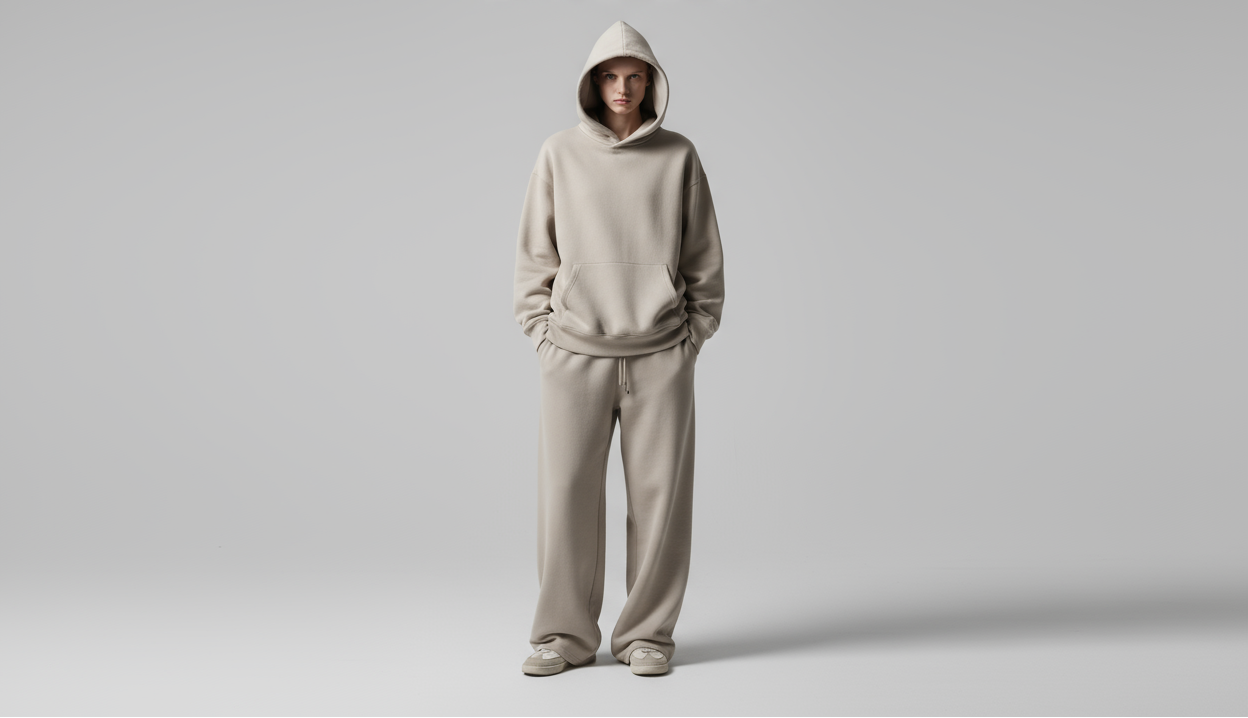 Person wearing a beige hoodie and pants with 'EVERYD' branding on a gray background