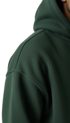 Close-up of a dark green hoodie on a white background