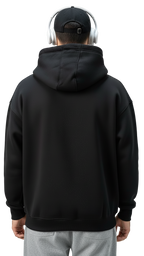Person wearing a black hoodie and gray pants against a plain background