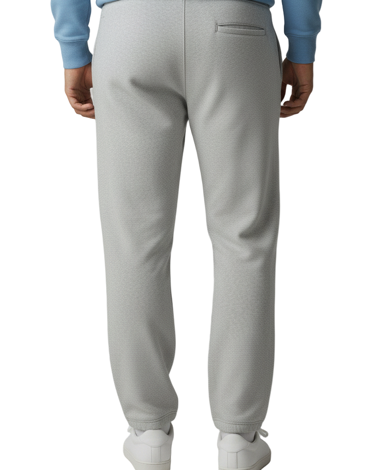 Person wearing a light blue sweater and gray pants on a plain background