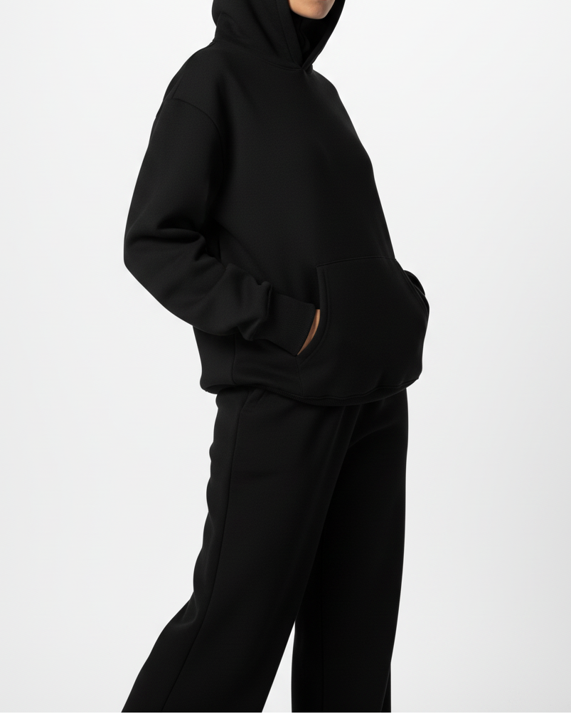 Person wearing a black hoodie and pants on a white background