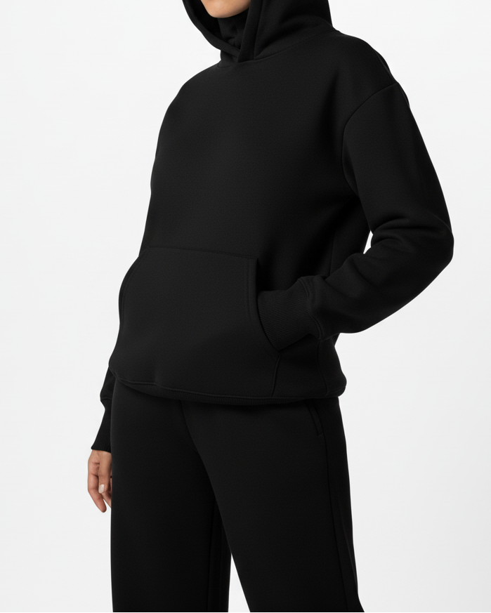 Person wearing a black hoodie and pants on a white background